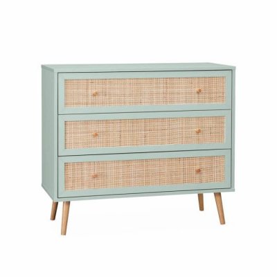 Commode en d&eacute;cor bois vert c&eacute;ladon et cannage