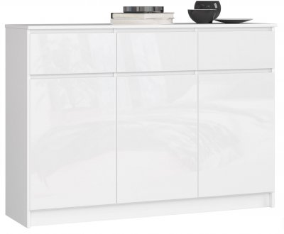 Commode K140 Blanche 138 cm 3 portes 3 tiroirs fa&ccedil;ade Blanche Brillante 6 &eacute;tag&egrave;res 138x40x99 cm