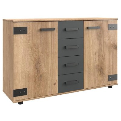 Commode meuble de rangement coloris ch&ecirc;ne fonc&eacute; - longueur 130 x hauteur 83 x profondeur 41 cm