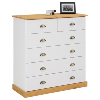 Commode PARIS en pinmassif, 6 tiroirs, lasur&eacute; blanc et brun 