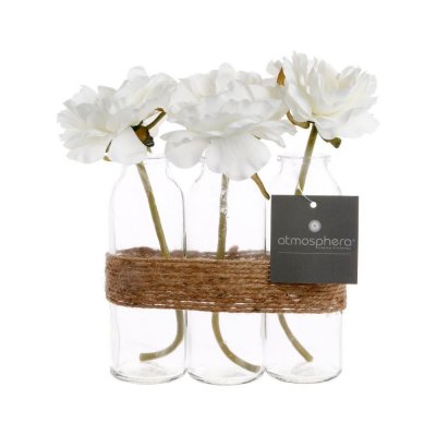 Composition roses artificielles + tube en verre H. 23 cm