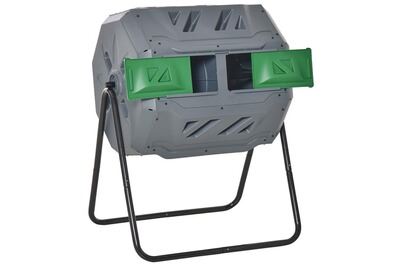 OUTSUNNY Composteur de jardin -  - Double chambre 160 L - Rotatif 360&deg; - Acier noir PP vert gris