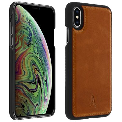 AKASHI Coque Apple iPhone X / XS Protection Rigide Cuir V&eacute;ritable  Camel - Neuf