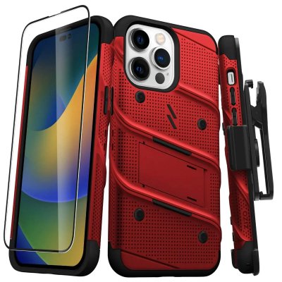 ZIZO Coque Blind&eacute; Bolt iPhone 14 avec Support et Verre Tremp&eacute; Ultra R&eacute;sistant &Eacute;l&eacute;gant Noir / Rouge - Neuf