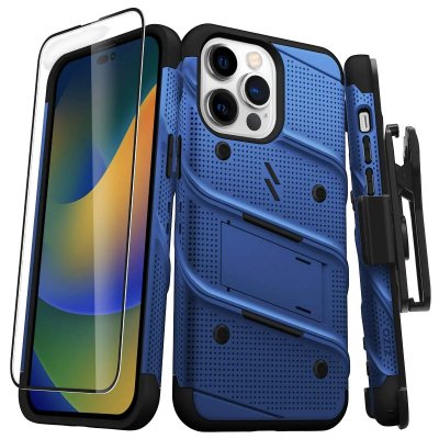 ZIZO Coque Blind&eacute; Bolt iPhone 14 Pro Max avec Support et Verre Tremp&eacute; R&eacute;sistant 3.5m Bleu marine - Neuf