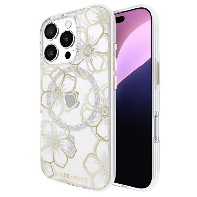 CASE MATE Coque Compatible MagSafe pour iPhone 16 Pro Design Floral Gems Dor&eacute;e