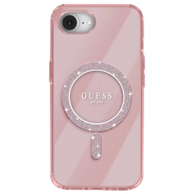 GUESS Coque  IML Glitter Circle MagSafe pour iPhone 16e (rose)