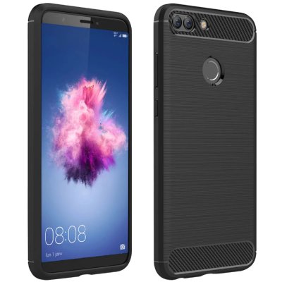 AVIZAR Coque Huawei P Smart coque silicone gel finition carbone et alu bross&eacute; Noir 