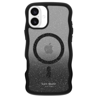 KATE SPADE Coque MagSafe pour iPhone 16 Plus Design Wavy Glitter Nightfall Noir transparent