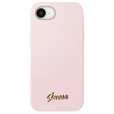 GUESS Coque MagSafe pour iPhone 16e Silicone Soft touch Logo m&eacute;tal dor&eacute; Rose clair