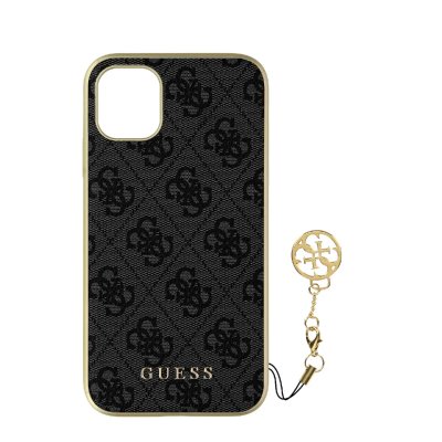 GUESS Coque pour iPhone 11 Bi-mati&egrave;re Finition Aspect Cuir 4G Charms Gris fonc&eacute;