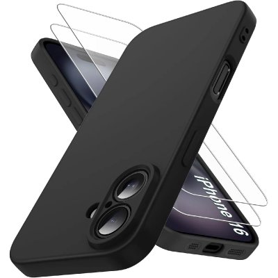 LITTLE BOUTIK Coque Pour iPhone 16 Silicone Noir + 2 Verres Trempes