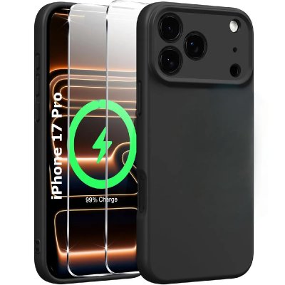 LITTLE BOUTIK Coque Pour iPhone 17 Pro Silicone Noir + 2 Verres Trempes