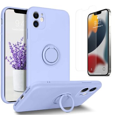 LITTLE BOUTIK Coque Silicone Pour iPhone 11 Couleur Bleu Avec Anneau Support + Verre Trempe Protection Ecran