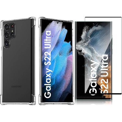 LITTLE BOUTIK Coque Silicone Transparente Angles Renforces + Verre Trempe Pour Samsung Galaxy S22 Ultra 5G