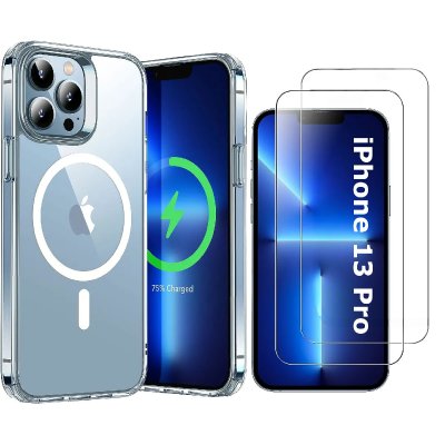 LITTLE BOUTIK Coque Silicone Transparente Compatible Magsafe + 2 Verres Trempes Pour iPhone 13 Pro