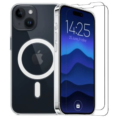 LITTLE BOUTIK Coque Silicone Transparente Compatible Magsafe + 2 Verres Trempes Pour iPhone 14