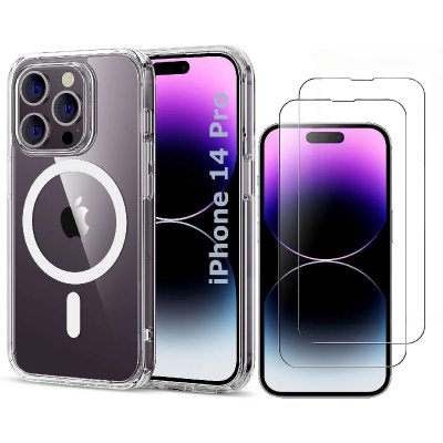 LITTLE BOUTIK Coque Silicone Transparente Compatible Magsafe + 2 Verres Trempes Pour iPhone 14 Pro