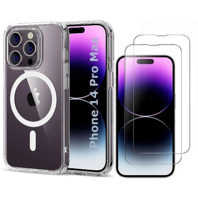 LITTLE BOUTIK Coque Silicone Transparente Compatible Magsafe + 2 Verres Trempes Pour iPhone 14 Pro Max