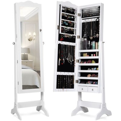 CostwayArmoire &agrave; Bijoux sur Pied avec 14 lampes LED Verrouillable R&eacute;glable &agrave; 4 Angles Blanc