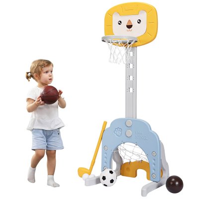 COSTWAY Support de Basket Multifonctionnel 3-en-1 Hauteur Ajustables de 110 &agrave; 149cm Jaune et Bleu