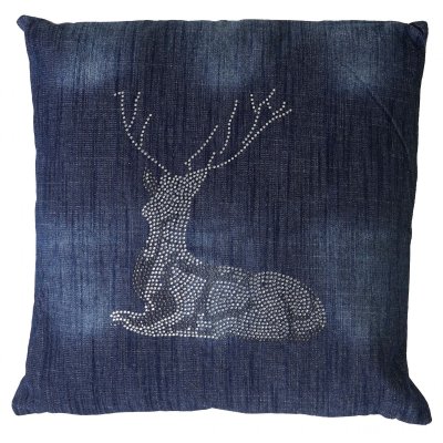 Coussin de d&eacute;coration cerf bleu avec pierres scintillantes 45x45cm