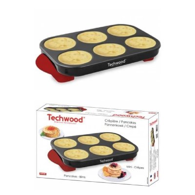 TECHWOOD Cr&ecirc;pi&egrave;re INOX pour Mini cr&ecirc;pes + Pancakes anti-adh&eacute;sif 6 cr&ecirc;pes 1500W Noire