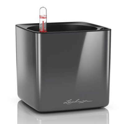 LECHUZA Cube Glossy 14 - 14x14x14 cm - Kit Complet, anthracite ultra brillant