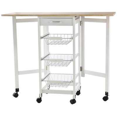Desserte de cuisine 3 paniers m&eacute;tal tiroir rallonges blanc ch&ecirc;ne clair
