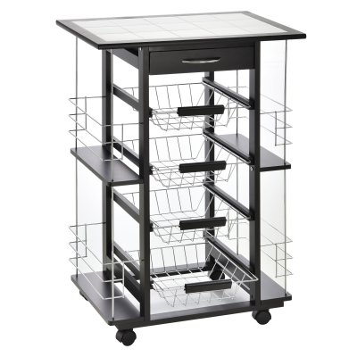 Desserte de cuisine 4 paniers m&eacute;tal tiroir + 4 range-bouteilles bois pin noir plateau carrel&eacute; blanc