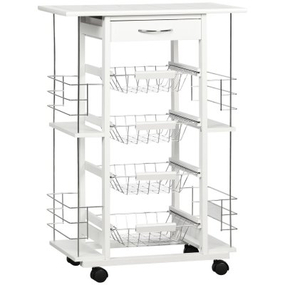 Desserte de cuisine &agrave; roulettes multi-rangements - HOMCOM - Blanc - Bois pin - M&eacute;tal