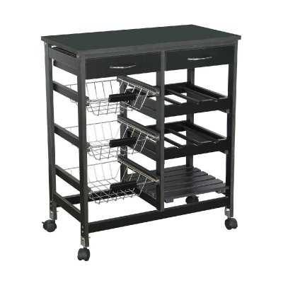 Desserte de cuisine multi-rangements en bois noir et m&eacute;tal