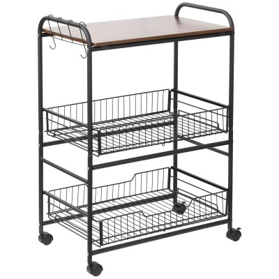 Desserte n&eacute;o-r&eacute;tro style industriel 2 paniers m&eacute;tal noir plateau aspect bois