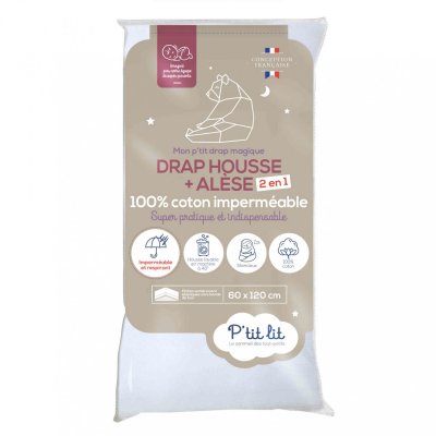 P TIT LIT Drap housse b&eacute;b&eacute; + al&egrave;se 2 en 1 coton imperm&eacute;able blanc 70x140 cm