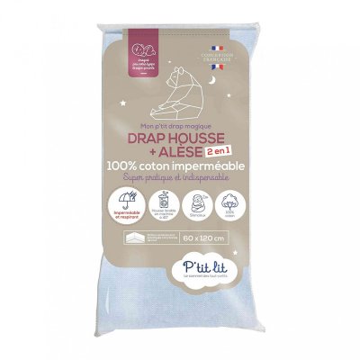 P TIT LIT Drap housse b&eacute;b&eacute; + al&egrave;se 2 en 1 coton imperm&eacute;able gris 60x120 cm