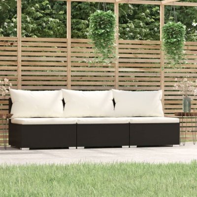 VIDAXL Driezitsbank met kussens poly rattan zwart317495