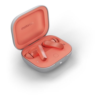MOTOROLA &Eacute;couteurs sans fil  Moto Buds rose p&ecirc;che avec &eacute;tui de chargement rose