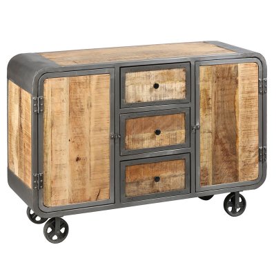 EDWIN - Buffet 2 Portes 3 Tiroirs Acier et Bois Massif - Altobuy