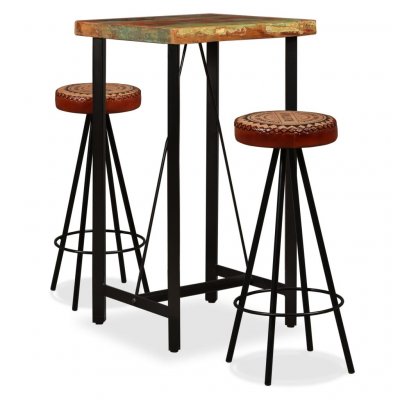 Ensemble de bar 3 pcs Bois de r&eacute;cup&eacute;ration Cuir v&eacute;ritable et toile