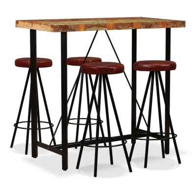 Ensemble de bar 5 pcs Bois massif recycl&eacute; et cuir v&eacute;ritable - Vidaxl