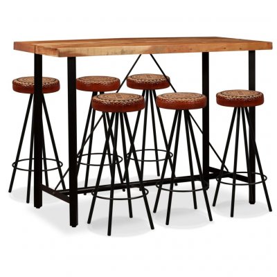 Ensemble de bar 7 pcs bois d'acacia cuir v&eacute;ritable et toile