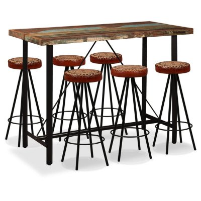 Ensemble de bar 7 pcs Bois de r&eacute;cup&eacute;ration Cuir v&eacute;ritable et toile