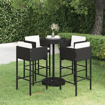 Ensemble de bar de jardin 5 pcs et coussins R&eacute;sine tress&eacute;e Noir