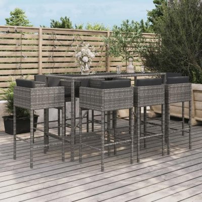 Ensemble de bar de jardin 9 pcs avec coussins gris poly rotin - Vidaxl