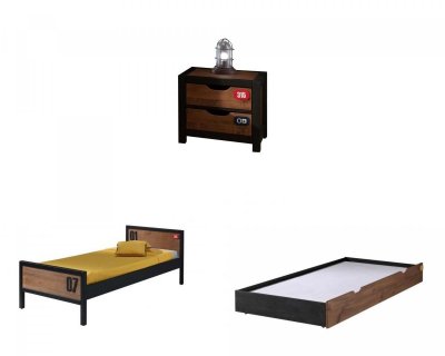 Ensemble lit 90x200 cm avec chevet et tiroir marron et noir - bory