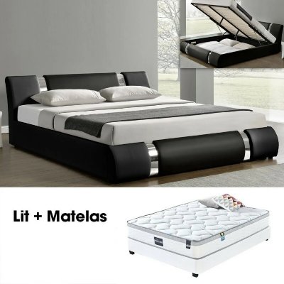 MEUBLER DESIGN Ensemble matelas sommier coffre - Noir 140 NOVA
