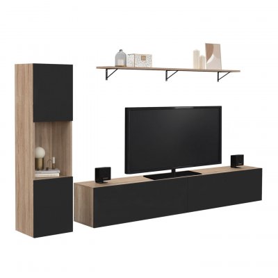 IDMARKET Ensemble meuble TV 180 cm avec colonne et &eacute;tag&egrave;re ELIO bois et noir
