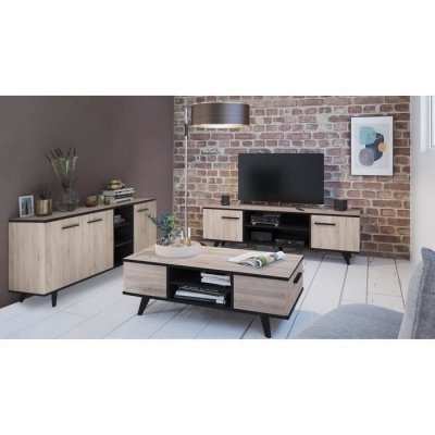 Ensemble meuble TV table basse buffet WAYNE - M&eacute;lamin&eacute; - Style scandinave - ch&ecirc;ne bross&eacute; et noir
