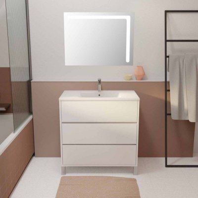 Ensemble meuble vasque et miroir &agrave; led - Blanc - 79 x 44 x 45 cm