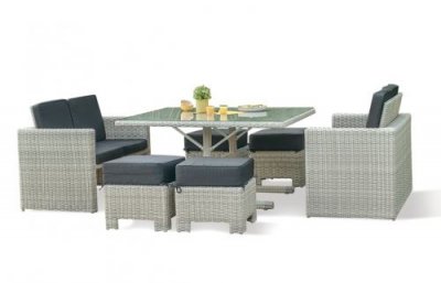 DCB GARDEN Ensemble repas de jardin encastrable 8 places en r&eacute;sine tress&eacute;e cr&egrave;me